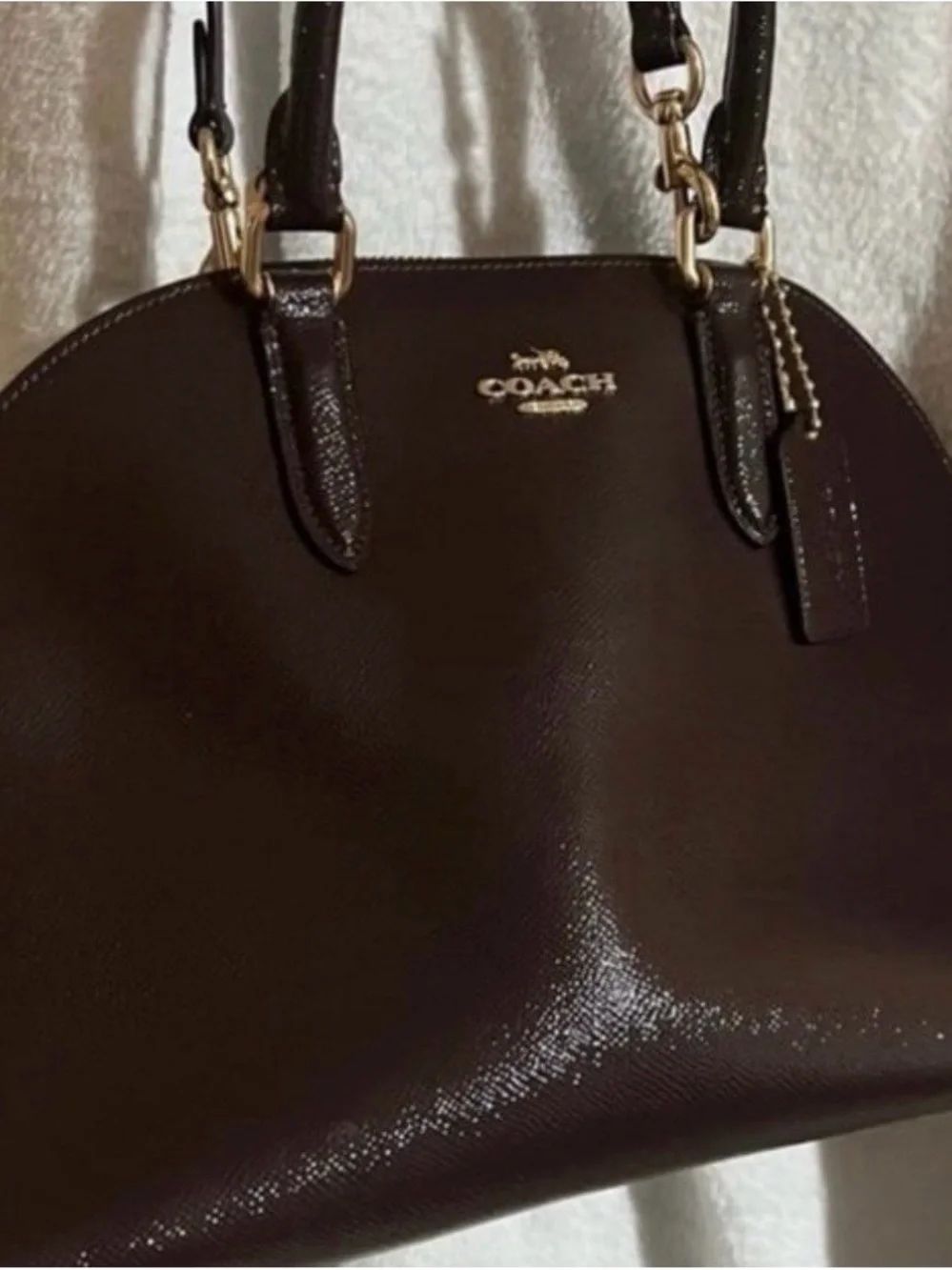 Coach Oxblood Quinn Patent Crossgrain  Leather Satchel.